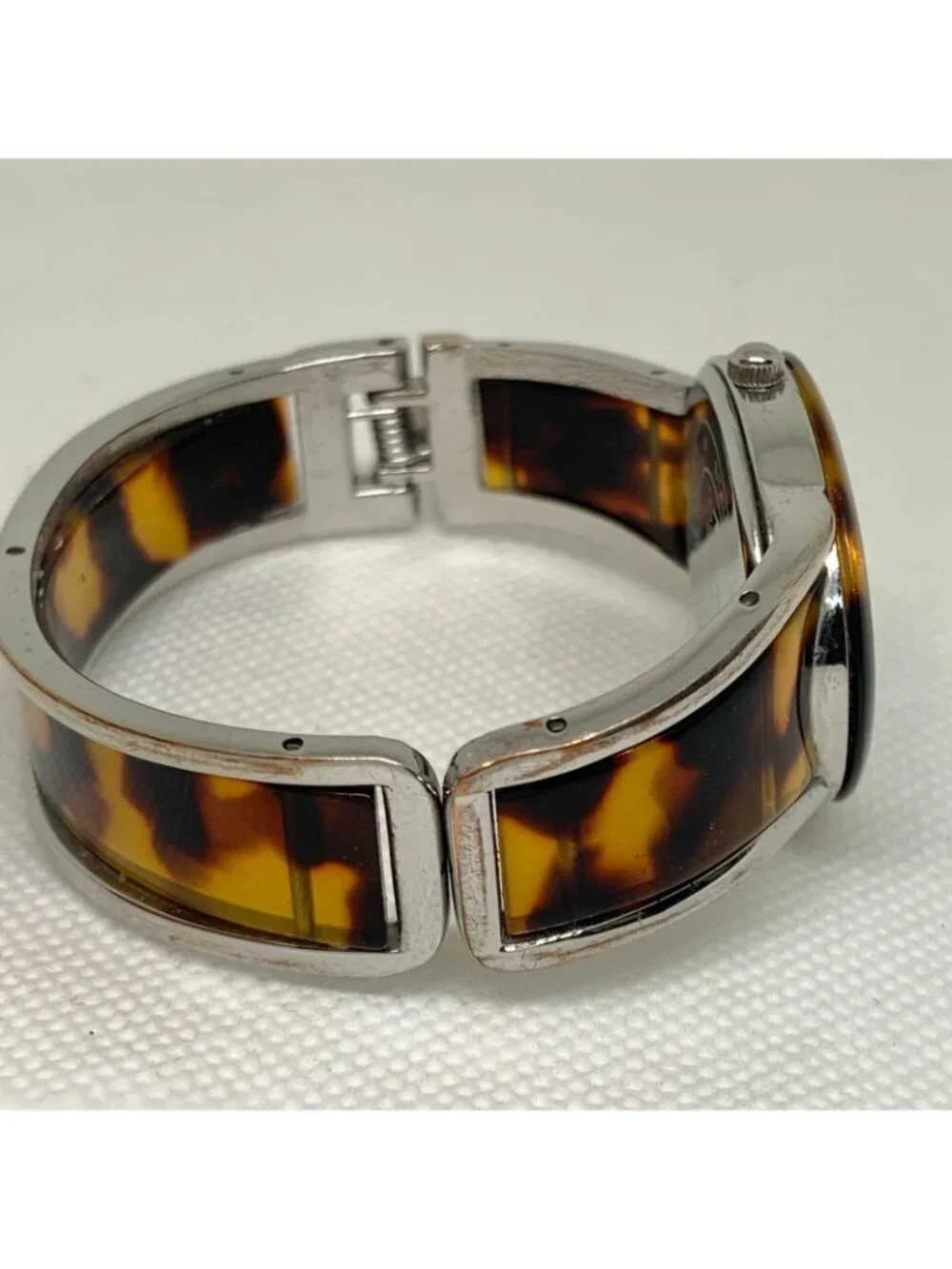 Narmi silver tone Tortoise shell cuff bracelet watch mop dial 28mm 6.5” running